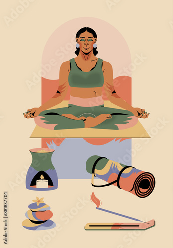 Ilustración vectorial de mujer latina en posición de flor de loto practicando Yoga y meditación, elementos de yoga, tapete de yoga, vela con esencias naturales