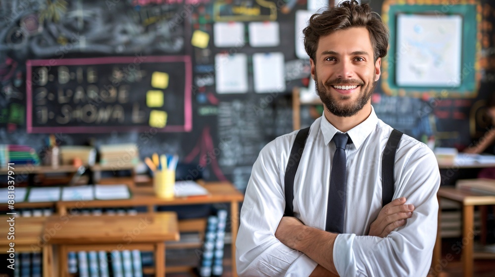 Fototapeta premium Teacher preparing for a new day of teaching with enthusiasm Stock Photo with copy space