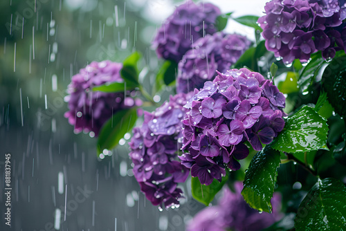 Close up of purple hydrangeas in the rain, Generative AI
 #881837945