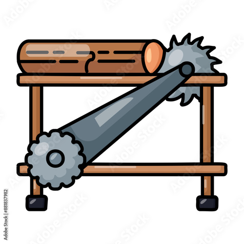 Auto Feeding Wood Log Sawing Cutting Machine concept, Power Tool Working with circulation saw vector outline design, timber and lumber Symbol,  forest Deforestation products Signmill yard and woodland