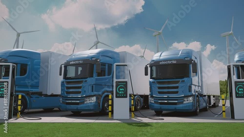 Wallpaper Mural A row of blue generic electric long-haul semi trucks with cargo trailer charging at a parking lot along the road. Future technology and sustainable business concept. Realistic 3d animation rendering Torontodigital.ca