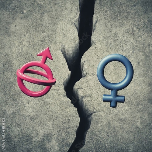 Crack between gender symbols as metaphor of conflict, clash and fight of men vs women, feminine vs masculine, patriarchy vs matriarchy. Separation of society based on different sex photo