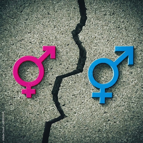 Crack between gender symbols as metaphor of conflict, clash and fight of men vs women, feminine vs masculine, patriarchy vs matriarchy. Separation of society based on different sex photo