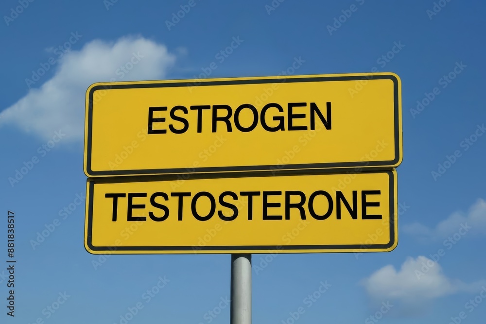 Estrogen vs Testosterone - Traffic sign with two options - Difference between male and female sex hormones. Different biological function of body based on hormonal production Estrogen vs Testosterone - Traffic sign with two options - Difference between male and female sex hormones. Different biological function of body based on hormonal production