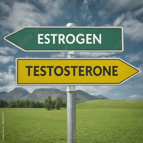 Estrogen vs Testosterone - Traffic sign with two options - Difference between male and female sex hormones. Different biological function of body based on hormonal production photo