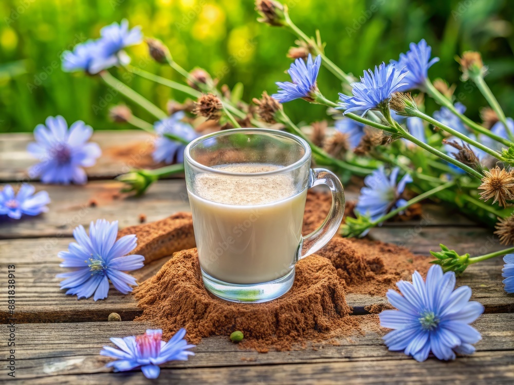 Delicate chicory flowers surround a refreshing keto drink mixture with chicory powder, featuring a healthy, low-carb beverage with ample copy space, set against a natural background.