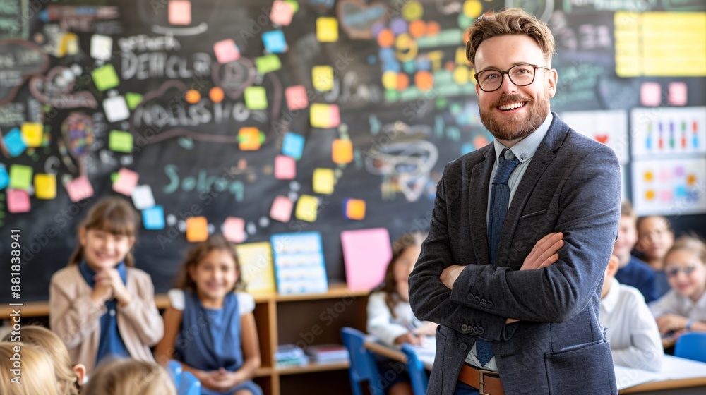 Educator giving a lecture on literature in a high school classroom Stock Photo with copy space