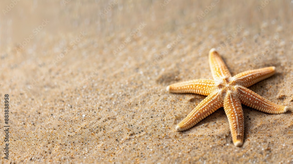 A starfish resting on the sand stands out beautifully against a smooth sandy beach backdrop. Its intricate patterns and textures stand out, with copy space A starfish resting on the sand stands out beautifully against a smooth sandy beach backdrop. Its intricate patterns and textures stand out, with copy space