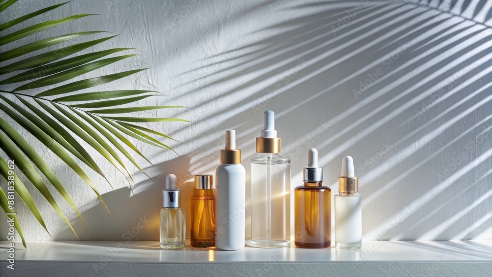 Sleek white background with palm leaf shadows showcasing blank packaged serums and tonics, epitomizing natural skincare and organic beauty. Sleek white background with palm leaf shadows showcasing blank packaged serums and tonics, epitomizing natural skincare and organic beauty.