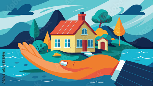 Big Human Hand Protecting House from Flood Damage, Representing Home Insurance Safety and Disaster Rescue