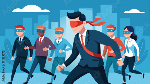 Blindfolded Businesspeople Following Leader in Crisis, Confusion and Unknown Situation Concept