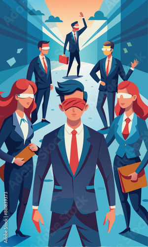Blindfolded Businesspeople Following Leader in Crisis, Confusion and Unknown Situation Concept