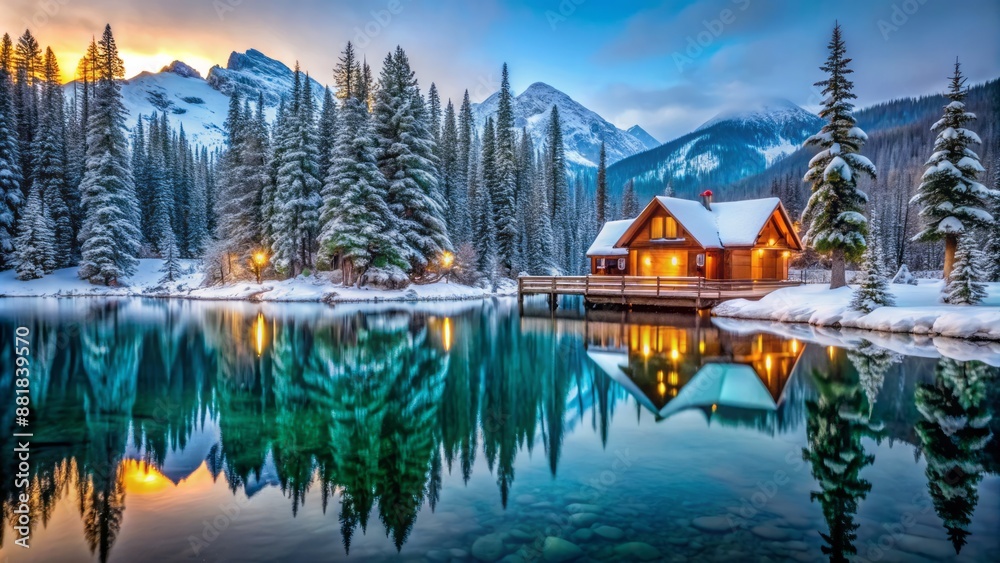 Obraz premium Serene winter landscape of snow-covered lodge reflected in calm emerald lake waters during tranquil blue hour evening atmosphere.