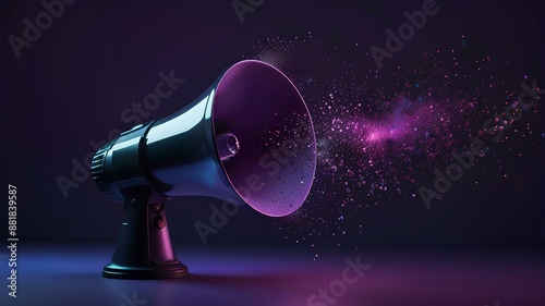 Hologram of a megaphone releasing particles on a purple background, marketing concept.