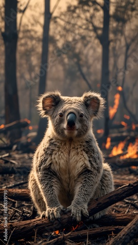 a bear sits in front of a fire in the woods Rescuing Australia's Wildlife Rehabilitation Efforts  photo