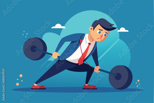 Businessman Anchored by Heavy Weight, Struggling to Move Forward, Career Burden and Hardship in Business Concept