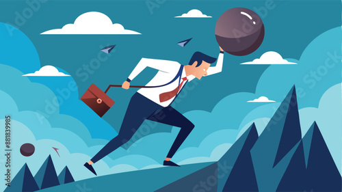 Businessman Anchored by Heavy Weight, Struggling to Move Forward, Career Burden and Hardship in Business Concept