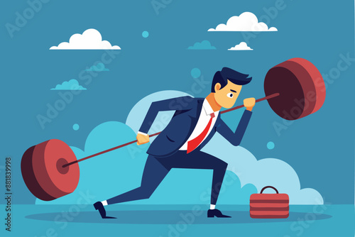 Businessman Anchored by Heavy Weight, Struggling to Move Forward, Career Burden and Hardship in Business Concept