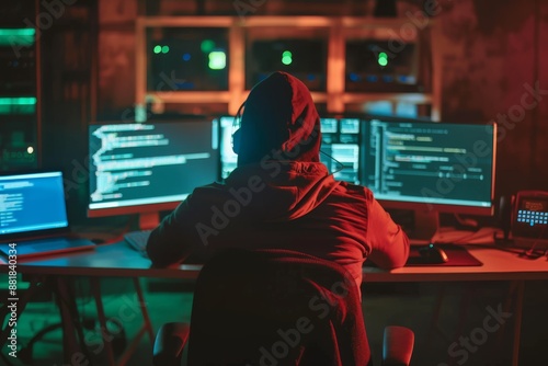 Perfect crime One hacker sitting in the dark room infront of his computers, hacking some internet data
