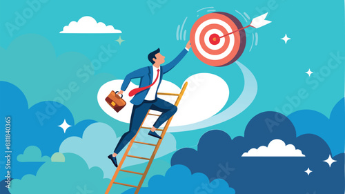 Businessman Climbing Ladder High into Cloud Sky, Reaching for Dartboard Goal of Success and Achievement