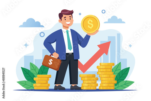 Businessman investor holding high stack of dollar coins, representing compound interest, profitable investments, and economic growth and prosperity
