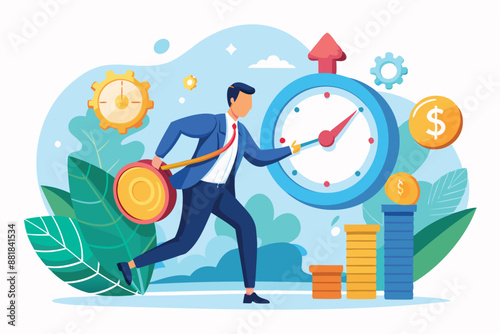 Businessman Investing Time and Pushing Clock for Long-Term Money Growth and Pension Fund