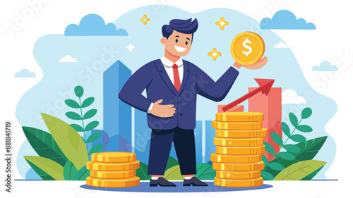 Businessman investor holding high stack of dollar coins, representing compound interest, profitable investments, and economic growth and prosperity