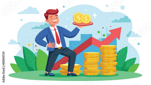 Businessman investor holding high stack of dollar coins, representing compound interest, profitable investments, and economic growth and prosperity
