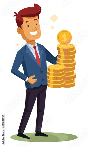 Businessman investor holding high stack of dollar coins, representing compound interest, profitable investments, and economic growth and prosperity