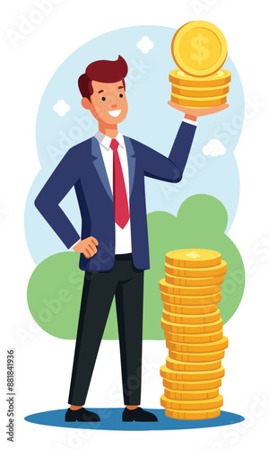 Businessman investor holding high stack of dollar coins, representing compound interest, profitable investments, and economic growth and prosperity