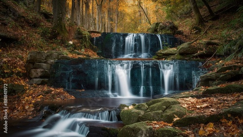Amidst the vibrant hues of autumn, a serene waterfall cascades down, creating a symphony of sound and sight