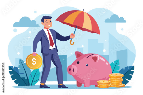 Businessman investor holding high stack of dollar coins, representing compound interest, profitable investments, and economic growth and prosperity