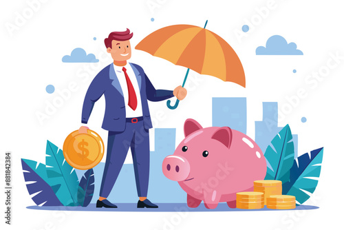 Businessman investor holding high stack of dollar coins, representing compound interest, profitable investments, and economic growth and prosperity