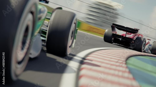 Dynamic drone shot following two generic formula one race cars. Low angle view. Drone moving from side to side. 3D animation rendering