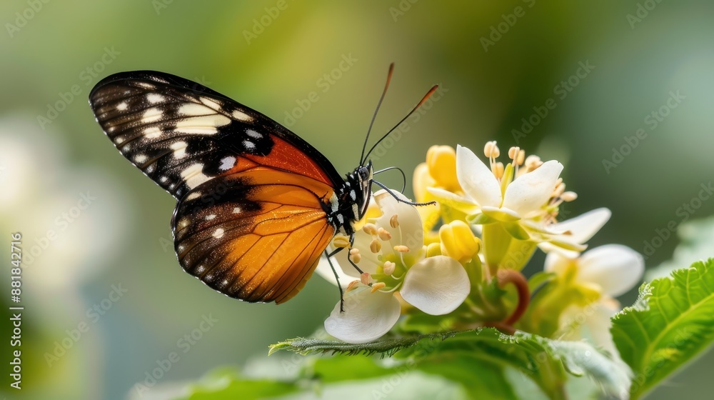 A striking butterfly with black and orange wings calmly rests on a cluster of delicate white flowers, surrounded by lush green leaves, exuding a tranquil and serene atmosphere.