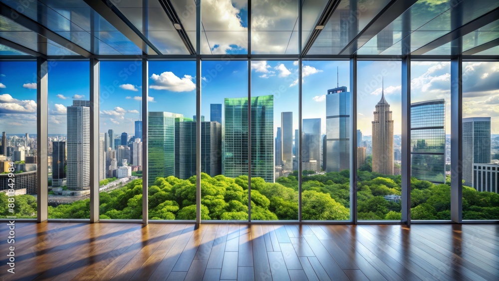 Modern urban landscape with sleek skyscrapers, bustling streets, and ...