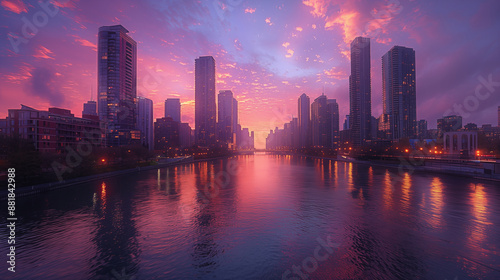 Majestic cityscape with towering skyscrapers reflected in river at sunset. Vibrant purple and pink sky over urban landscape. Concept of urban beauty, architecture, and tranquility.