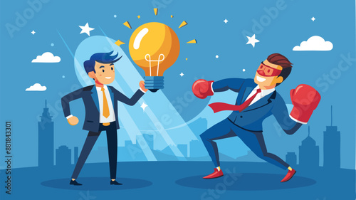 Businessman Pitching Innovative Idea to Win Business Competition, Holding Glowing Lightbulb and Boxing Glove Punching Globe