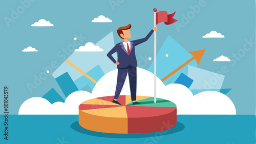 Businessman Standing Victorious on Pie Chart, Holding Flag, Winning Market Share and Achieving Profit Growth Concept