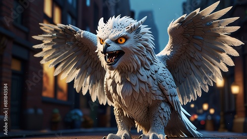 A mythical creature, a type of gryphon, head of a lion, wings of a snow owl. 3D rendering photo