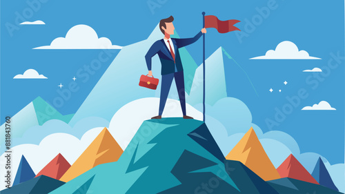 Businessman Standing Victorious with Flag on Mountain Peak, Business Goal Achievement and Success Concept