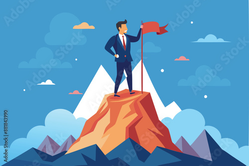 Businessman Standing Victorious with Flag on Mountain Peak, Business Goal Achievement and Success Concept