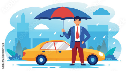 Businessman Standing with New Car Under Strong Umbrella Protection Shield for Insurance and Accident Safety