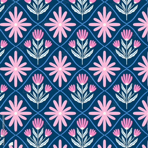 Geometrical retro pattern with flowers. Print for greeting card, wrapping paper, textile, wallpaper and invitation background.