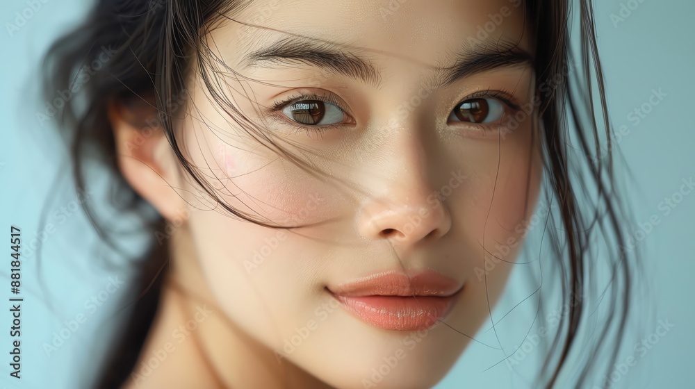 Design a close-up of a beautiful Asian model with clear skin, with her hair gently blowing in the wind. Design a close-up of a beautiful Asian model with clear skin, with her hair gently blowing in the wind.