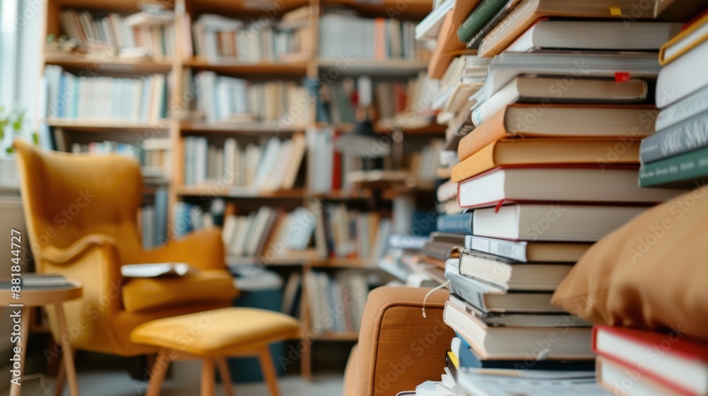 An inviting reading chair with a stack of books beside it in a cozy reading area, surrounded by bookshelves, offering a perfect spot for relaxation and immersion in books. An inviting reading chair with a stack of books beside it in a cozy reading area, surrounded by bookshelves, offering a perfect spot for relaxation and immersion in books.