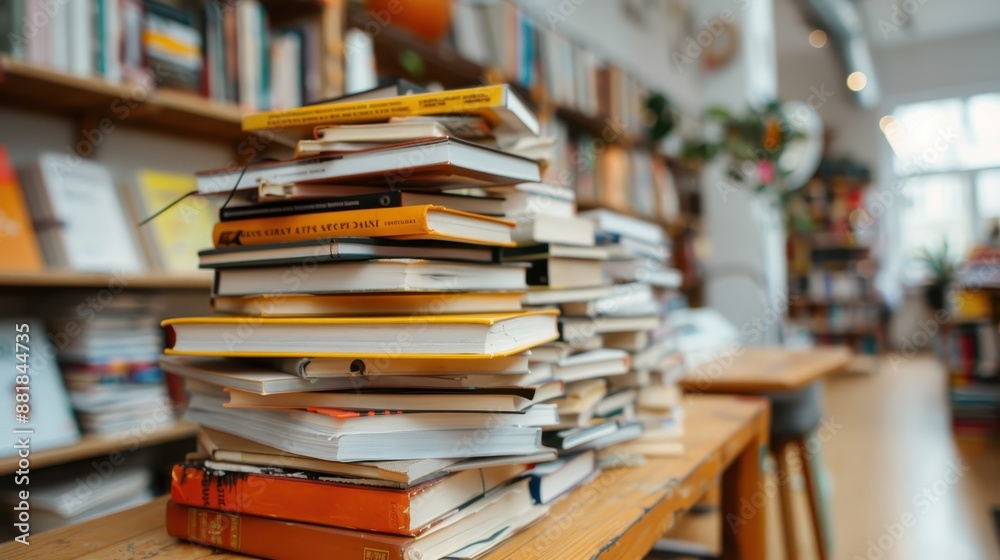 A tall stack of books is seen on a wooden table in a well-lit bookstore, showcasing a plethora of literature and a welcoming environment for book lovers and avid readers.
