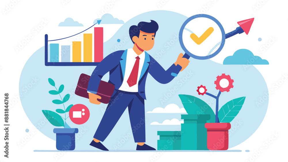 Fototapeta premium Businessman with Magnifying Glass Analyzing Long Tail Keywords, Representing Niche Market SEO Strategy