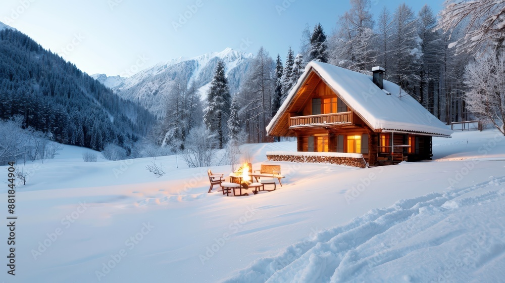Rustic wooden cabin in a snowy setting, featuring an outdoor fire pit and seating area, perfect for cozy gatherings and embracing the cold with warmth and nature’s beauty. Rustic wooden cabin in a snowy setting, featuring an outdoor fire pit and seating area, perfect for cozy gatherings and embracing the cold with warmth and nature’s beauty.