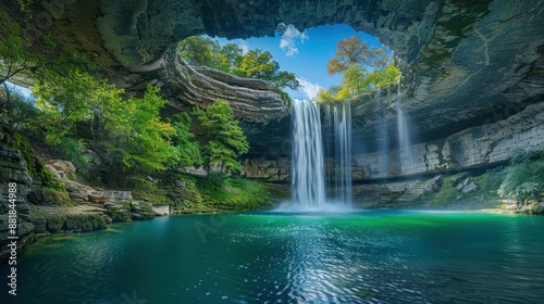Fototapeta Naklejka Na Ścianę i Meble -  Water falling from the sky into an underground cave pool in Texas. A lake formed as a waterfall flowing from inside a cave pool. It is a beautiful natural landscape. Amazing view